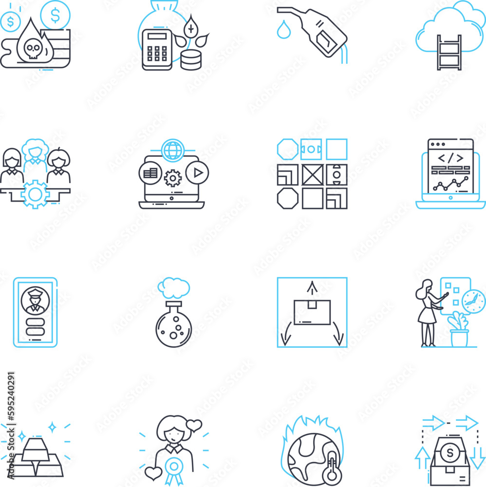 Fiscal expansion linear icons set. Stimulus, Investment, Inflation, Employment, Economic growth, Demand, Taxation line vector and concept signs. Deficit,Business,Infrastructure outline illustrations