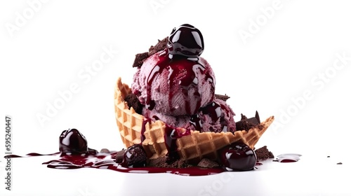 Black cherry ice cream in a waffle cone with black cherry compote and chocolate chunks on White Background with copy space for your text created with generative AI technology photo