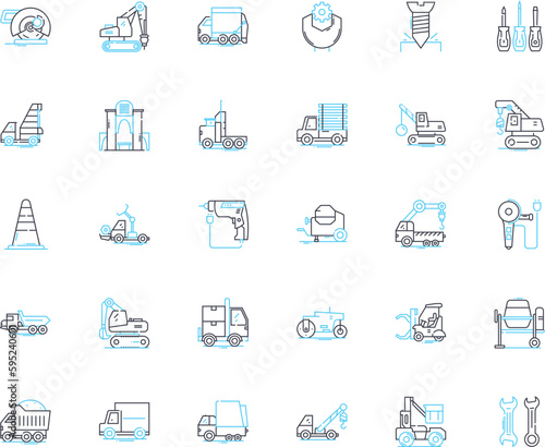 Manufacturing tools linear icons set. Automation, Cutting, Drilling, Forming, Grinding, Inspection, Lathe line vector and concept signs. Machinery,Milling,Planning outline illustrations