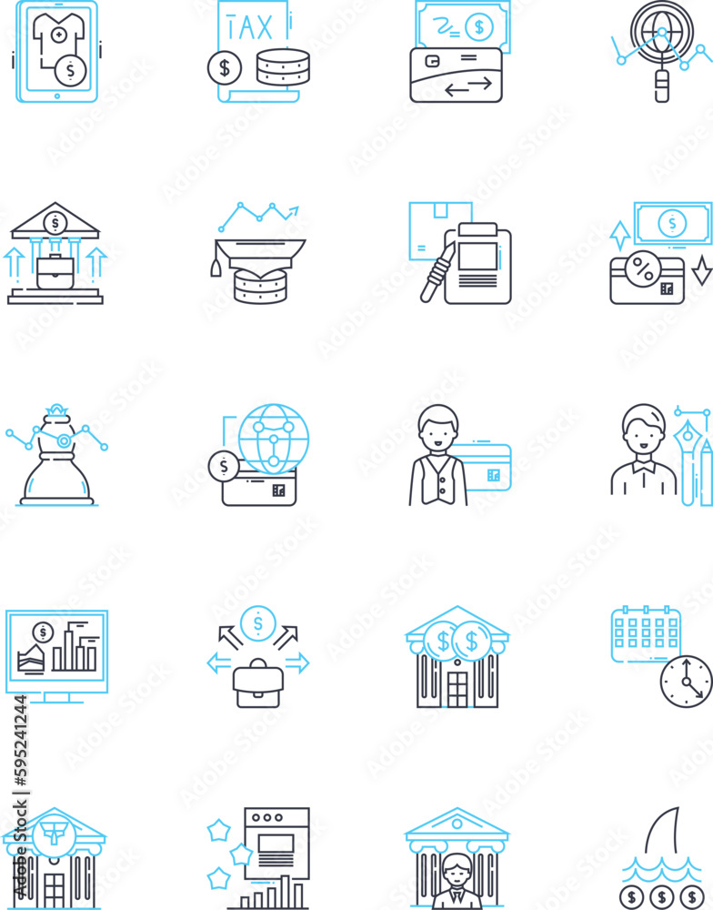 Fiscal policy linear icons set. Budget, Deficit, Surplus, Taxation, Government spending, Revenue, Inflation line vector and concept signs. Economic growth,National debt,Public finance outline Fiscal policy linear icons set. Budget, Deficit, Surplus, Taxation, Government spending, Revenue, Inflation line vector and concept signs. Economic growth,National debt,Public finance outline