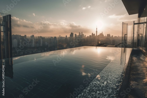 Panoramic cityscape from lavish penthouse boasting stunning rooftop pool. Generative AI