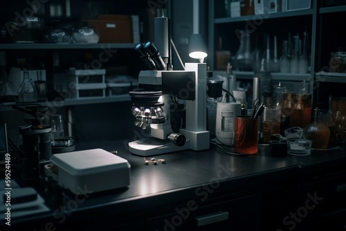 The lab's microscope is in use for an ongoing experiment. Generative AI