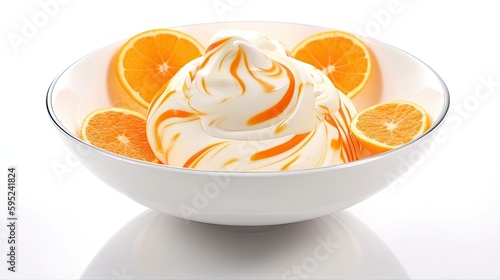 Orange creamsicle ice cream in a dish with orange segments and vanilla cream swirls on White Background with copy space for your text created with generative AI technology