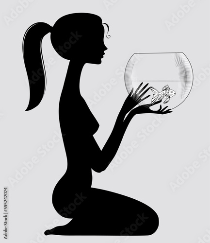 Black silhouette of a sitting cute naked girl holding a round glass aquarium with a small fish. Vector illustration