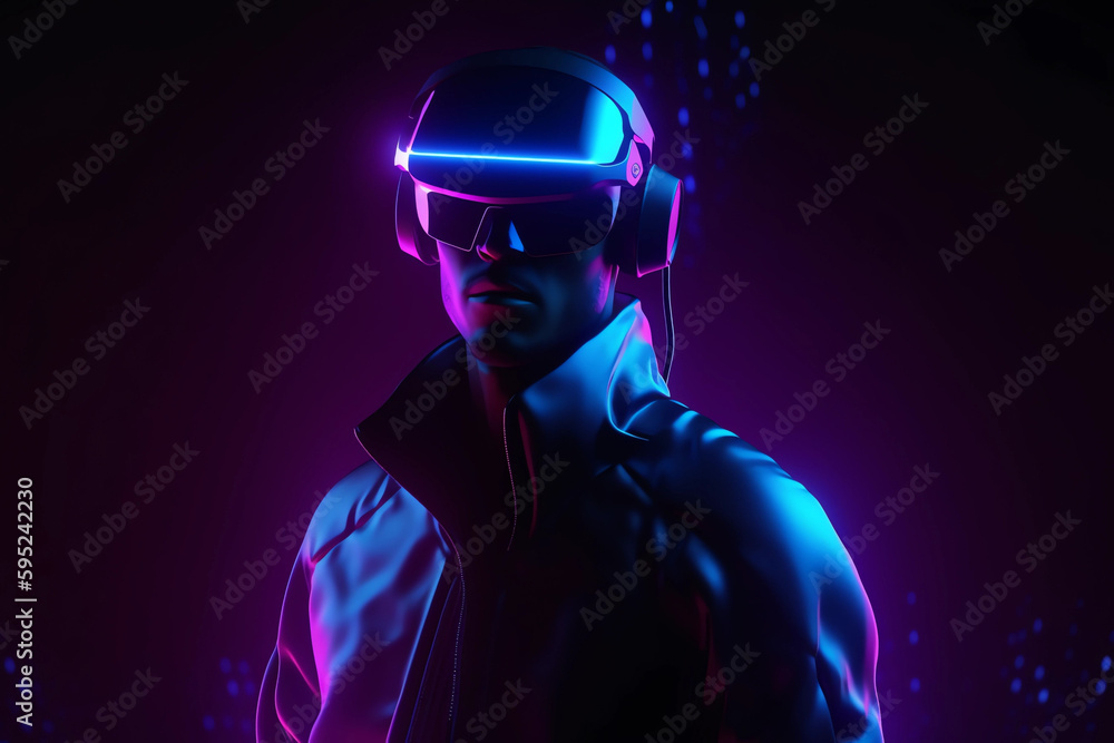 Futuristic man in virtual reality glasses on the background of a neon city. Cyberpunk, retrowave, synthwave, generative ai, high definition, art, futuristic, neon backgound. Futuristic man in virtual reality glasses on the background of a neon city. Cyberpunk, retrowave, synthwave, generative ai, high definition, art, futuristic, neon backgound.