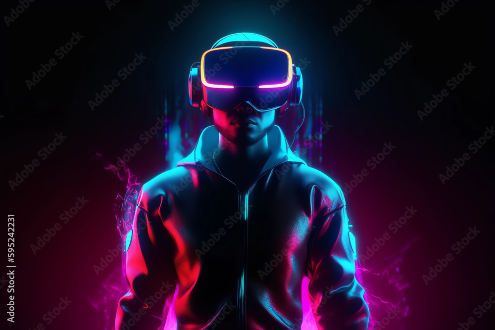 Futuristic man in virtual reality glasses on the background of a neon city. Cyberpunk, retrowave, synthwave, generative ai, high definition, art, futuristic, neon backgound. Futuristic man in virtual reality glasses on the background of a neon city. Cyberpunk, retrowave, synthwave, generative ai, high definition, art, futuristic, neon backgound.