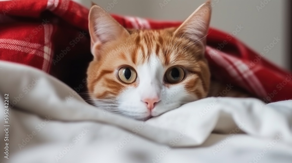 Red-white cat lying on bed under blanket. AI generative.