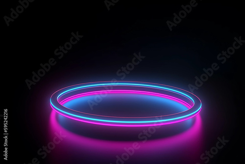 3d render, abstract neon background with fluorescent ring, blank round frame. generative ai. Simple geometric shape. Laser line glowing with pink blue light