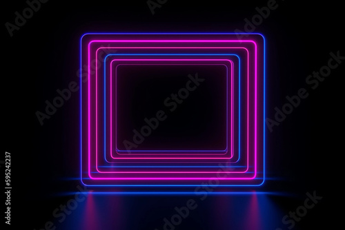 3d rendering, rounded square pink blue neon lines, glowing in the dark. Abstract minimalist geometric background. Ultraviolet spectrum. Cyber space. Futuristic wallpaper