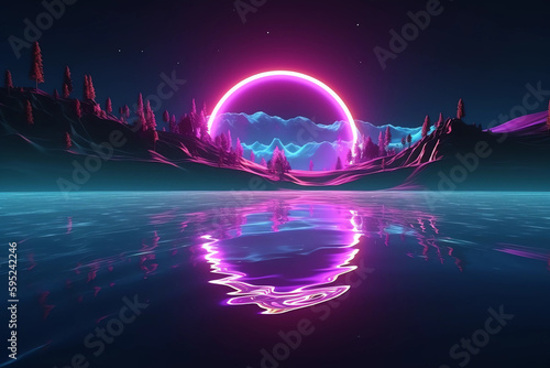 Landscape with moon ring mountains and clouds, generative ai, neon lines, glowing in the dark. Abstract minimalist geometric background. Ultraviolet spectrum. Cyber space. Futuristic wallpaper