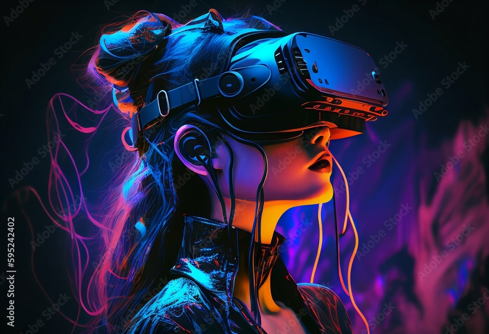girl wearing Virtual Reality Headset. Cyberpunk, Futuristic digital painting. Generative Ai.