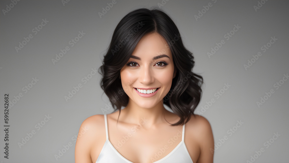 Female with short, black hair smiling at camera. Natural background with mockup. Generative AI. Female with short, black hair smiling at camera. Natural background with mockup. Generative AI.