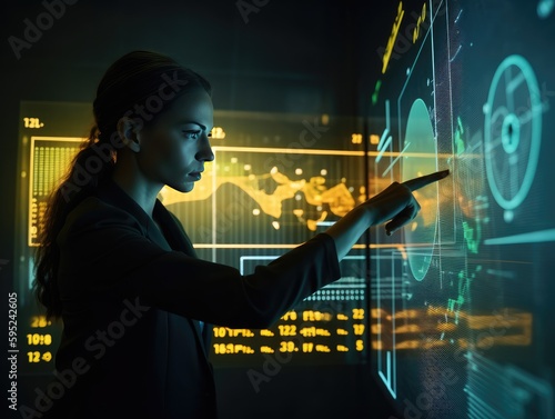 Finanzberaterin nutzt KPI-Dashboard auf virtuellem Bildschirm für Business Finance Data Analytics: Abstrakte Neon-Grafik für Financial Management Technologie und Geschäftswachstum, Generative AI