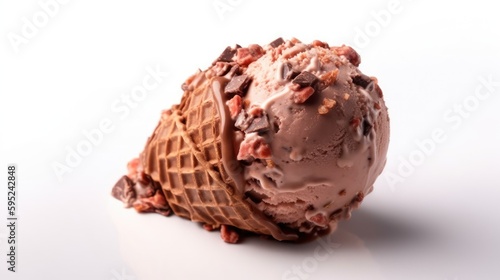 Rocky road ice cream in a cone on White Background with copy space for your text created with generative AI technology