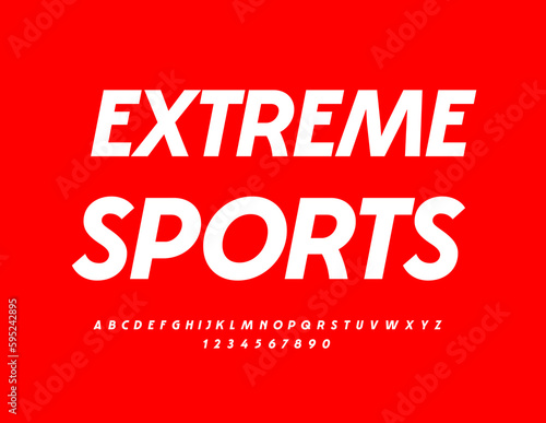 Vector bright sign Extreme Sport. White creative Font. Modern Alphabet Letters and Numbers set