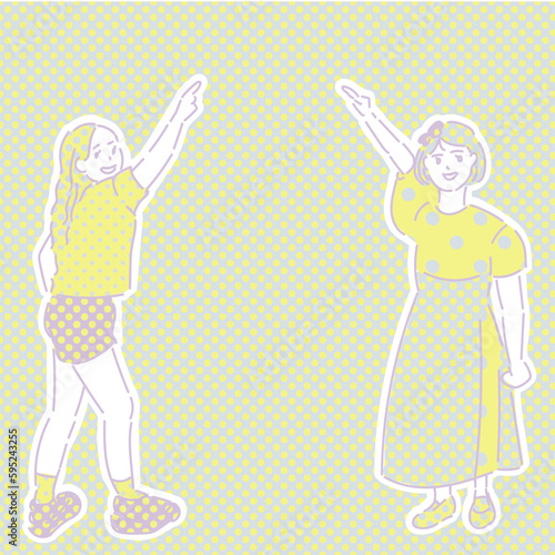 指差しのジェスチャーをしている2人の女の子の手描きイラスト