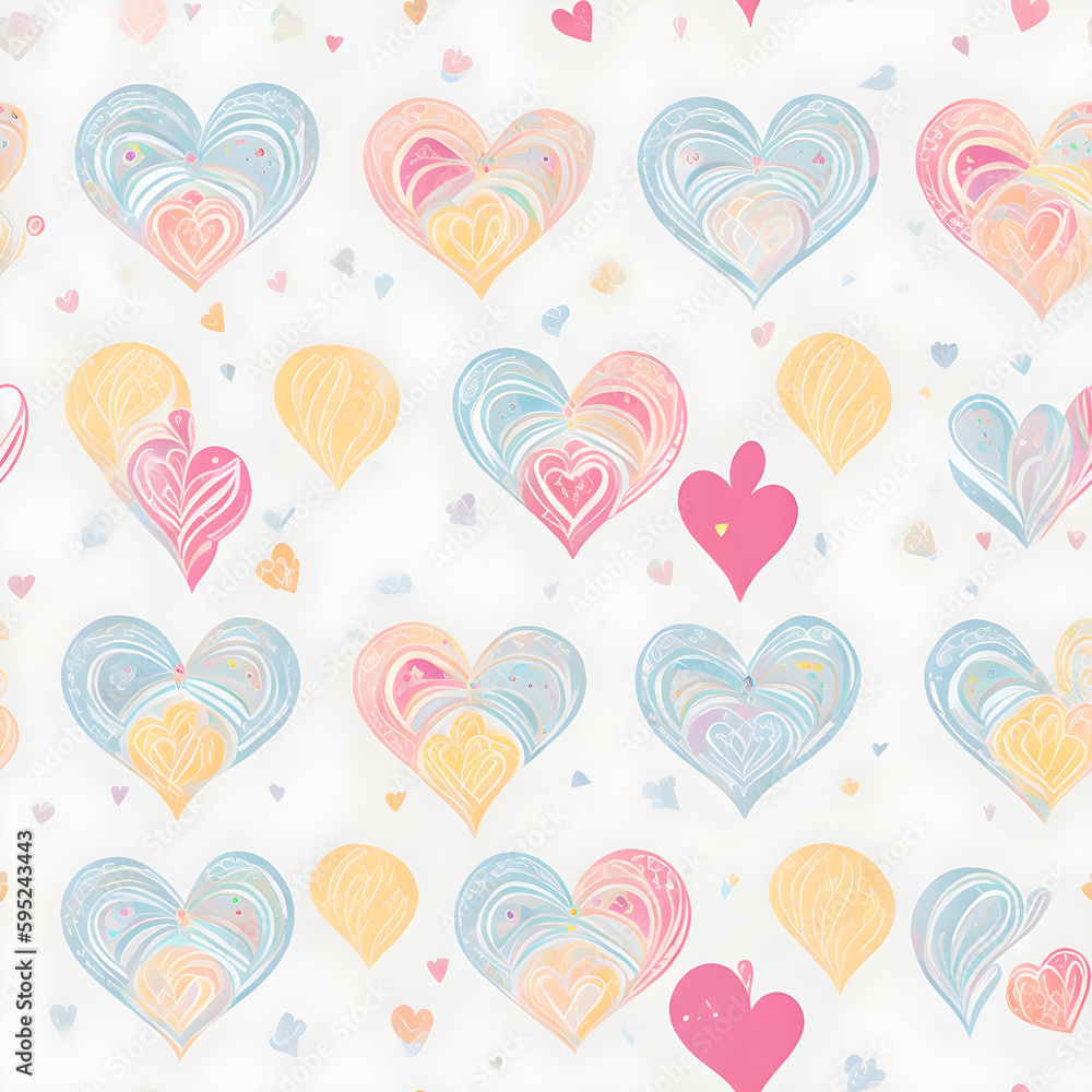 nostalgic Scandinavian heart and Rainbows Seamless pattern with soft pastel colors and delicate details, rendered , Ai generated 