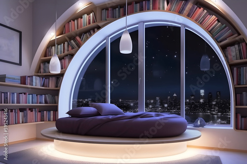 Modern bedroom decorated with bookshelves and large window. photo