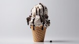 Cookies and cream ice cream in a cone with Oreo cookie crumbles and chocolate sauce on White Background with copy space for your text created with generative AI technology