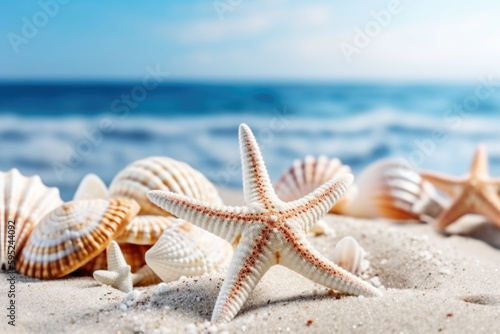 Beautiful sand beach with a starfish and seashells AI generative art