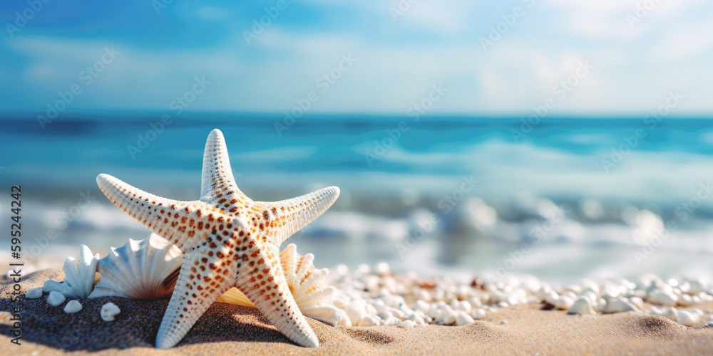 Beautiful sand beach with a starfish and seashells AI generative art Beautiful sand beach with a starfish and seashells AI generative art
