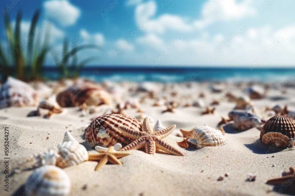 Beautiful sand beach with a starfishes and seashells AI generative art Beautiful sand beach with a starfishes and seashells AI generative art