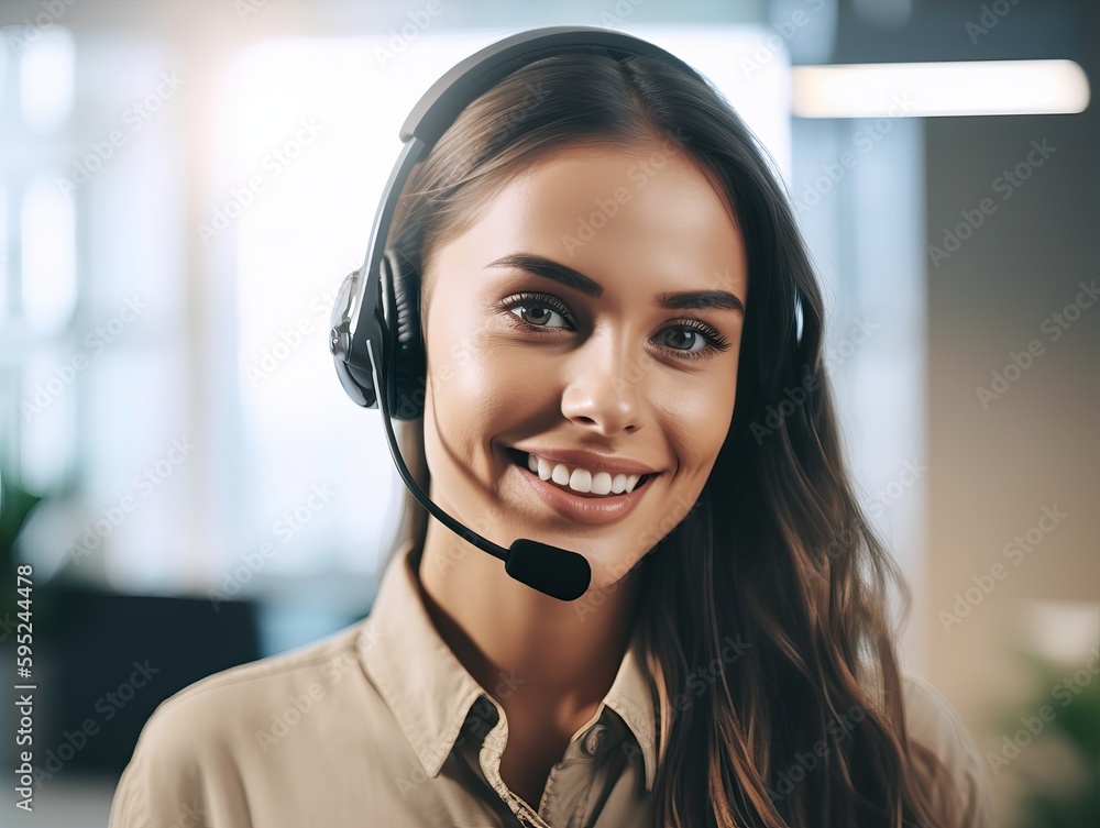 Junge erfolgreiche Geschäftsfrau mit Headset und Computer strahlt Selbstbewusstsein in modernem Büro aus, Generative AI. Junge erfolgreiche Geschäftsfrau mit Headset und Computer strahlt Selbstbewusstsein in modernem Büro aus, Generative AI.