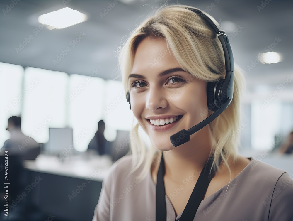 Junge erfolgreiche Geschäftsfrau mit Headset und Computer strahlt Selbstbewusstsein in modernem Büro aus, Generative AI. Junge erfolgreiche Geschäftsfrau mit Headset und Computer strahlt Selbstbewusstsein in modernem Büro aus, Generative AI.