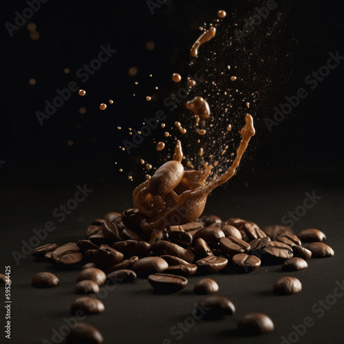 Brown Roasted Coffee Beans Closeup On Black Background. AI