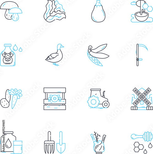 Agricultural engineering linear icons set. Irrigation, Soil, Harvesting, Crop, Tractor, Dairy, Farming line vector and concept signs. Irrigator,Fertilizer,Livestock outline illustrations