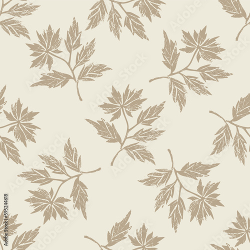 Hand carved botanical leaf in lino cut scandi style seamless vector pattern. Rustic foliate graphic design background. 