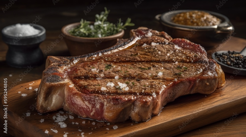 Grilled beef steak with salt and pepper on black background. Grilled striploin sliced steak. Juicy thick grilled beef steak seasoned BBQ. AI