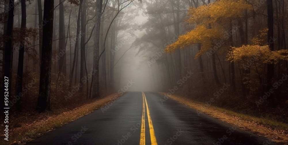 Foggy road in the autumn forest with yellow trees and fog. High quality pic Foggy road in the autumn forest with yellow trees and fog. High quality pic