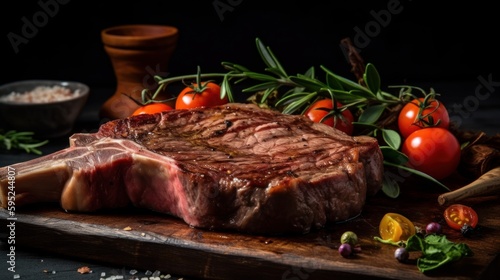Grilled beef steak with salt and pepper on black background. Grilled striploin sliced steak. Juicy thick grilled beef steak seasoned BBQ. AI