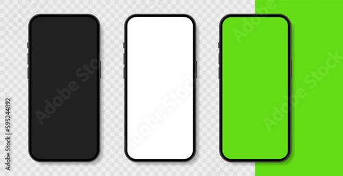 Realistic smartphone with green, black and white chroma key screen. Vector illustration