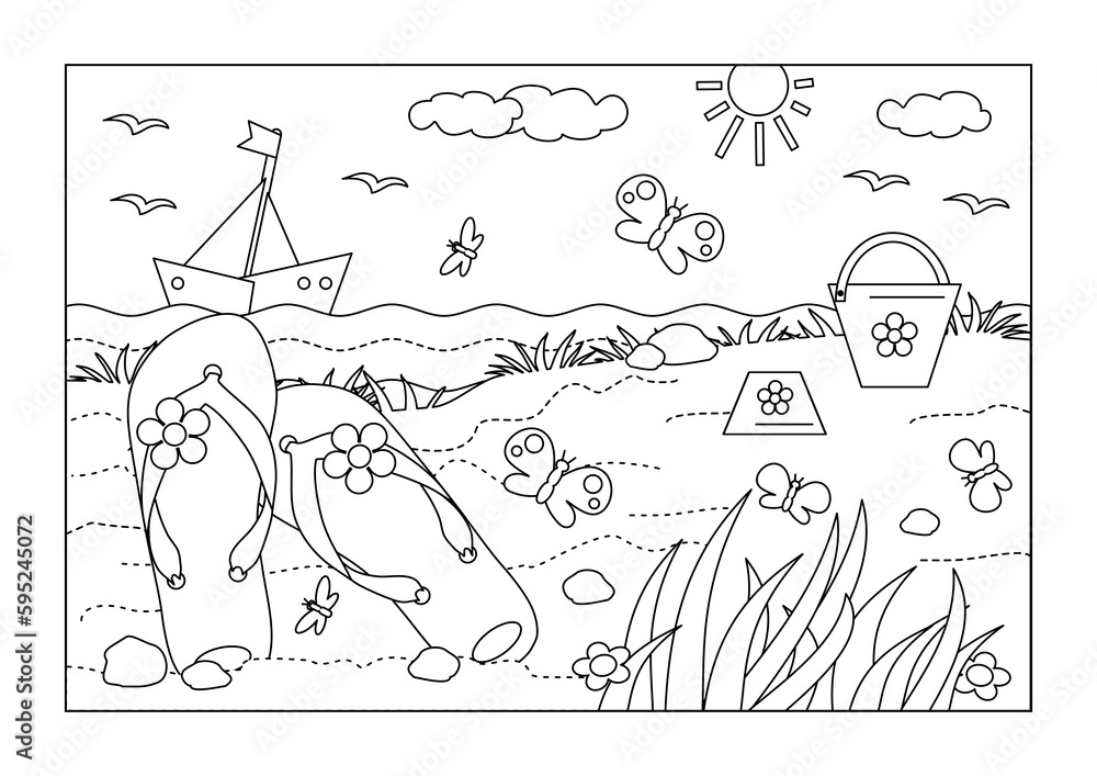 Coloring page. Summer vacation beach scene, flip-flops, boat, toy