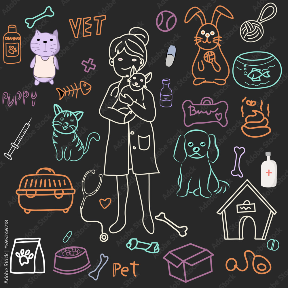 Obraz premium Set of hand drawn characters veterinary medicine doodle. Vector. Illustration on white background.