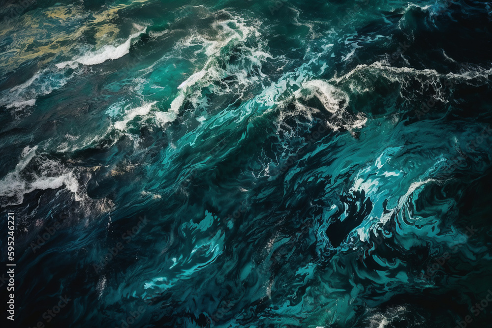 Aerial view of ocean with colorful, dynamic waves in action painting style. Generative AI Aerial view of ocean with colorful, dynamic waves in action painting style. Generative AI