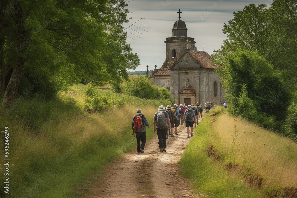 Pilgrims on the Camino de Santiago trail admiring the views. Generative AI - obrazy, fototapety, plakaty 