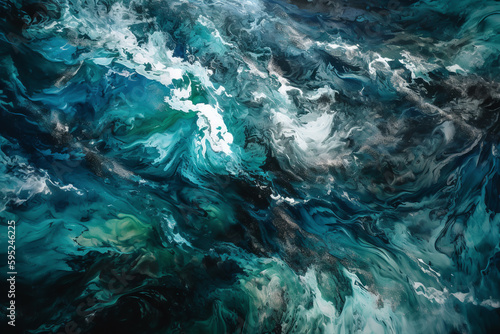 Aerial view of ocean with colorful  dynamic waves in action painting style. Generative AI