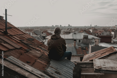 Man sitting on the edge of a rooftop, overlooking the cityscape. Generative AI