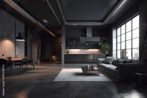 Modern dark home interior promoting clean energy. Generative AI © yarohork