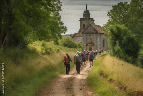 Pilgrims on the Camino de Santiago trail admiring the views. Generative AI photo