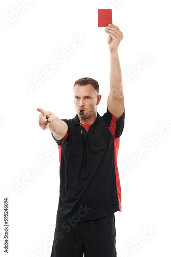 Foto Whistle, referee or man pointing with a red card warning sign or penalty review in sports game or match