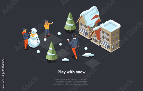 Concept Of Winter Holidays And Family Vacations. Happy Teenagers Having Winter Fun Together. Children Are Playing and Throwing Snowballs And Making Snowman. Isometric 3D Cartoon Vector Illustration