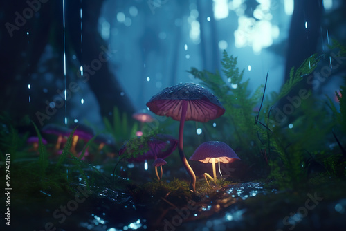 Fabulous mushroom world deep in the forest (generative AI) 