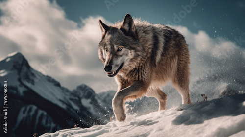 Wolf running in snow. Generative AI