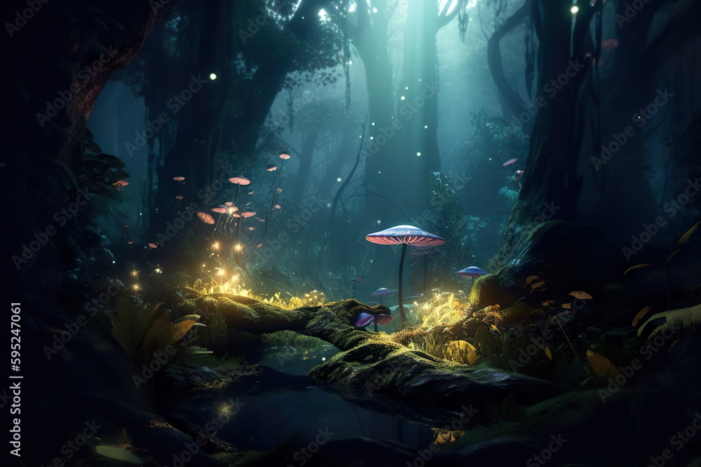 Wonderful fantasy wildlife in the forest, with mushrooms and glowing bugs (generative AI)	