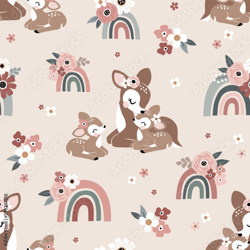 Seamless vector pattern with cute vintage deer, mom and baby fawn with rainbows and tiny flowers. Perfect for textile, wallpaper or nursery print design.