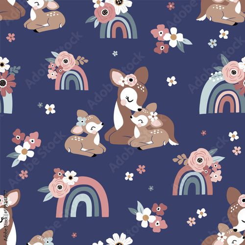 Seamless vector pattern with cute vintage deer, mom and baby fawn with rainbows and tiny flowers. Perfect for textile, wallpaper or nursery print design.